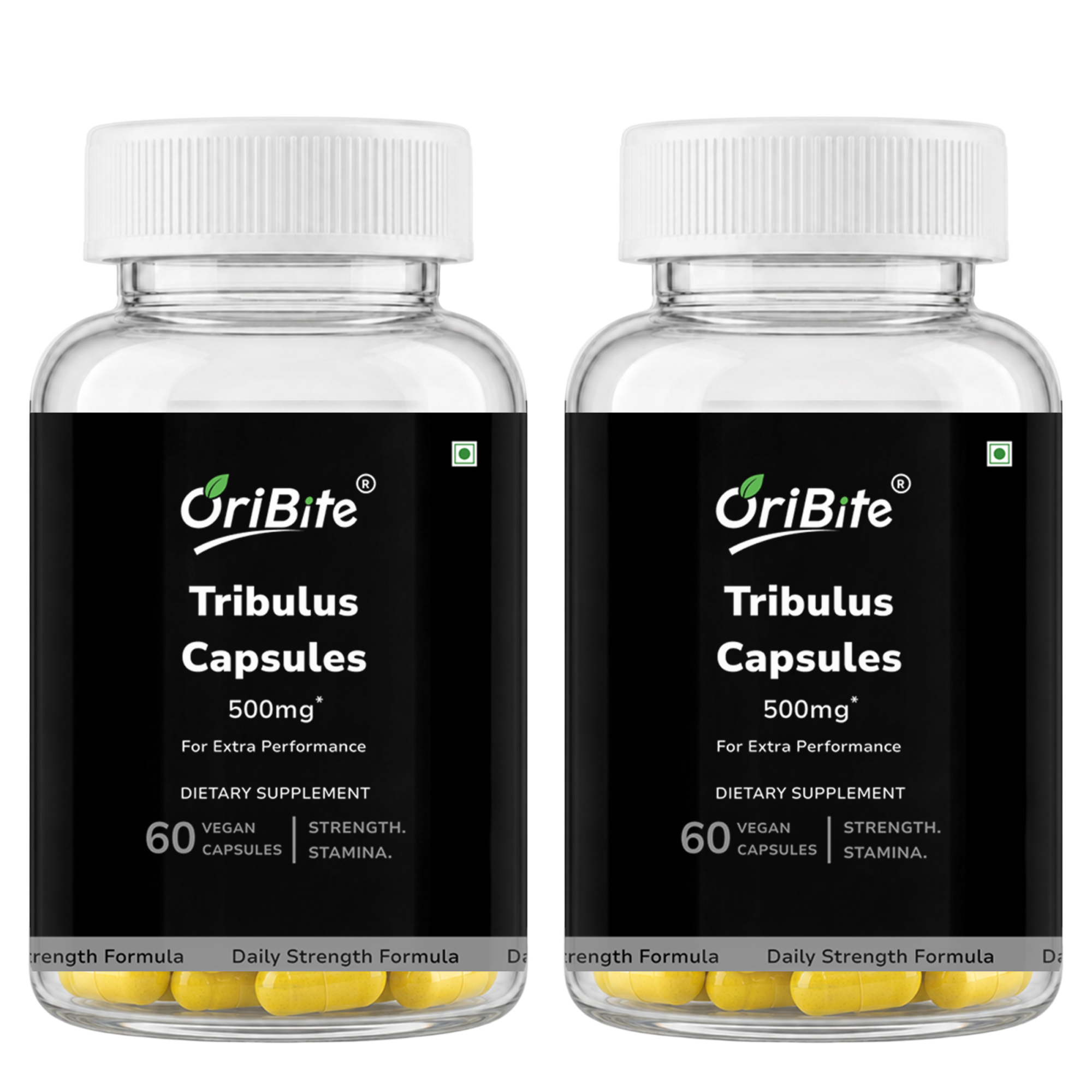 Two clear plastic supplement bottles with white ribbed caps and black labels, each labeled OriBite Tribulus Capsules 500mg, shown on a plain white background.