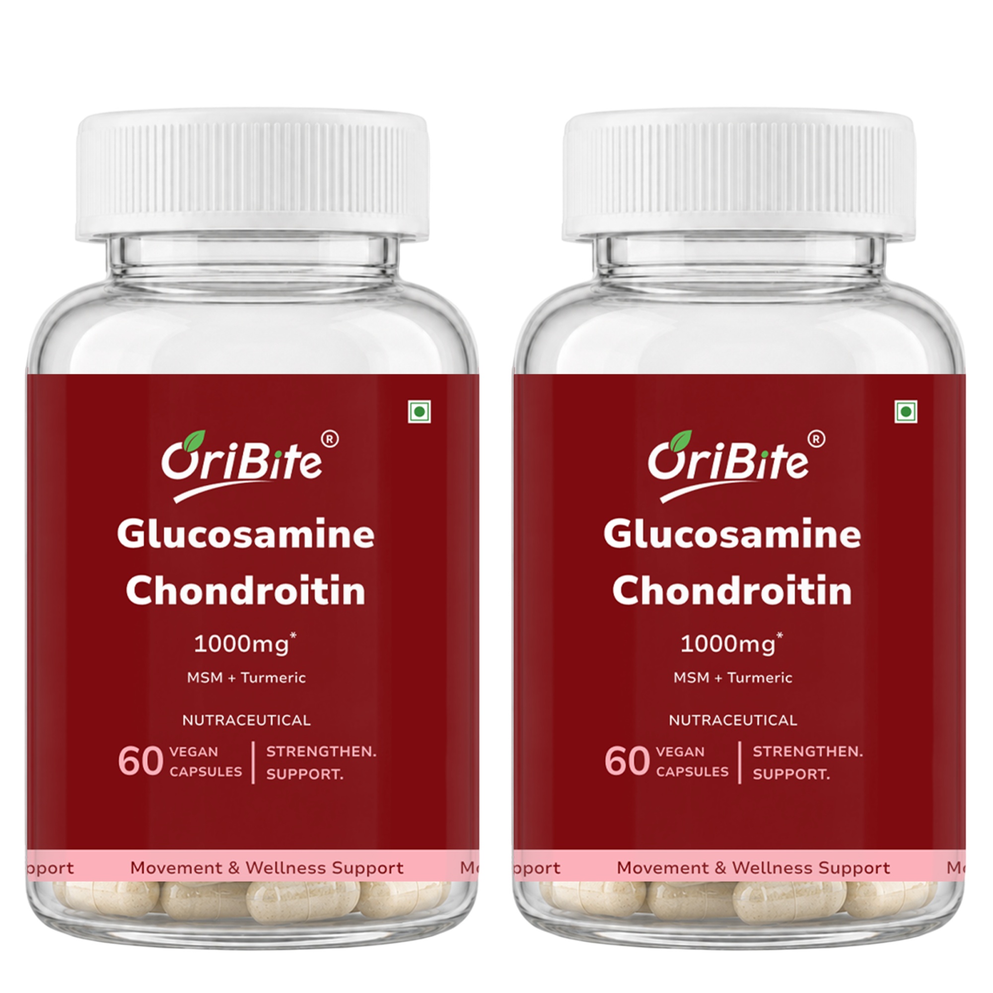 Two clear plastic supplement bottles with white caps and dark red labels, shown side by side on a white background. The label reads OriBite Glucosamine Chondroitin 1000mg and says 60 vegan capsules.