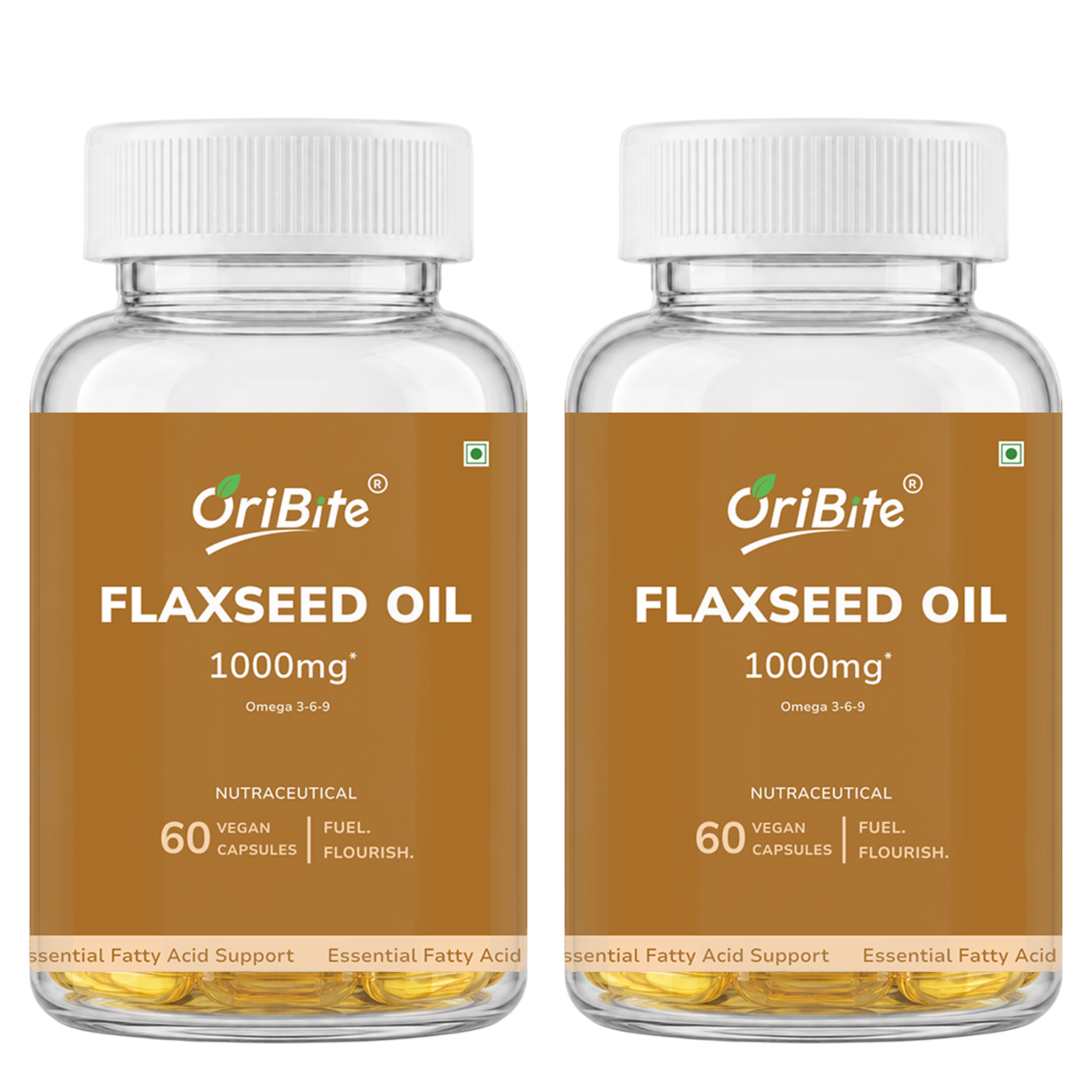 Two clear plastic bottles of OriBite Flaxseed Oil 1000mg, 60 vegan capsules each, shown side-by-side on a solid white background.
