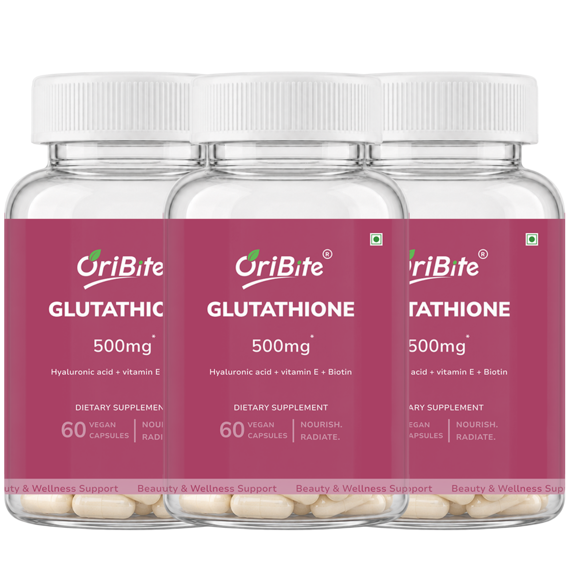 Three clear plastic bottles of OriBite Glutathione 500mg dietary supplements arranged in a row against a white background, showing the white capsules inside.