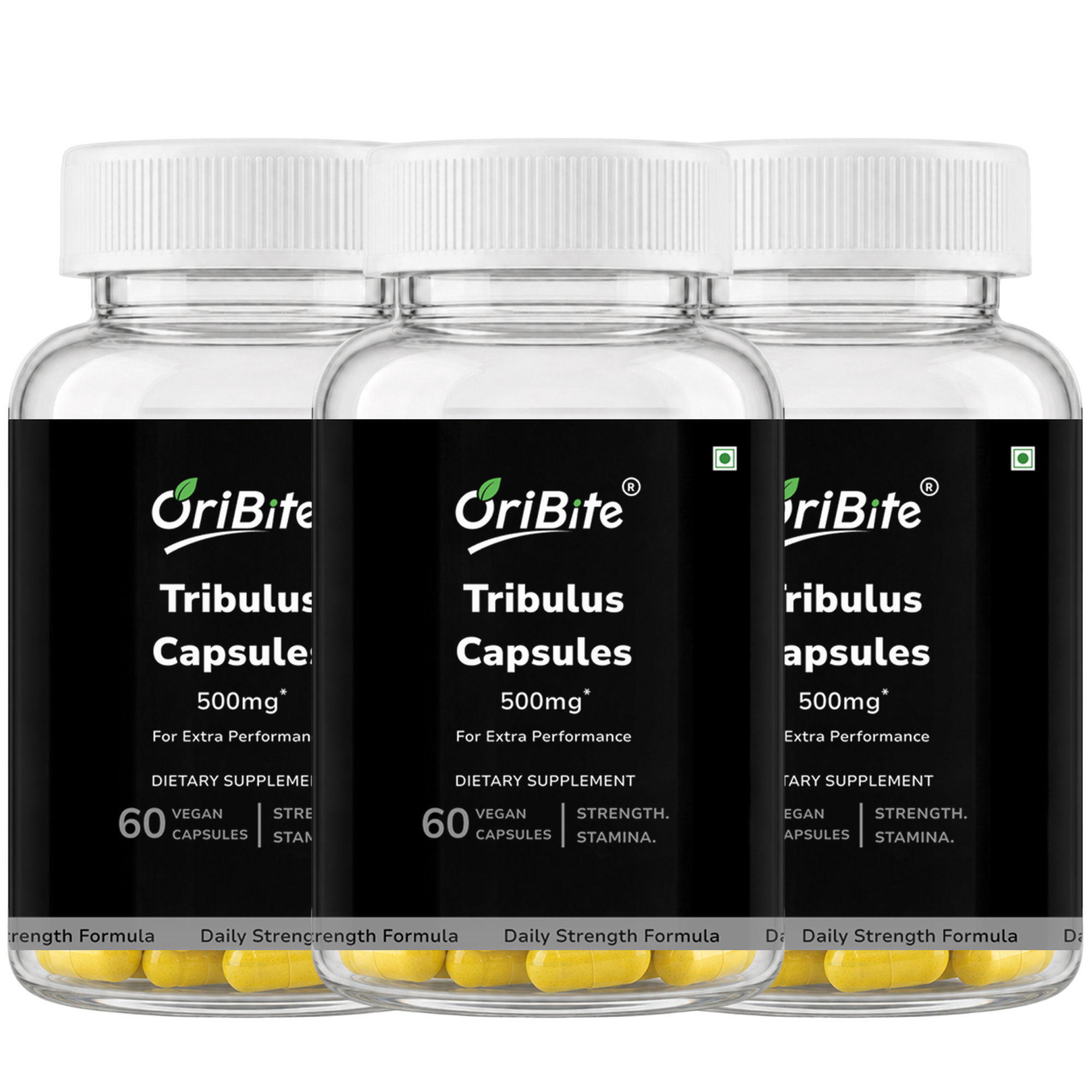 Three clear plastic bottles of OriBite Tribulus Capsules 500mg, arranged side by side on a white background, showing yellow capsules inside and black labels.