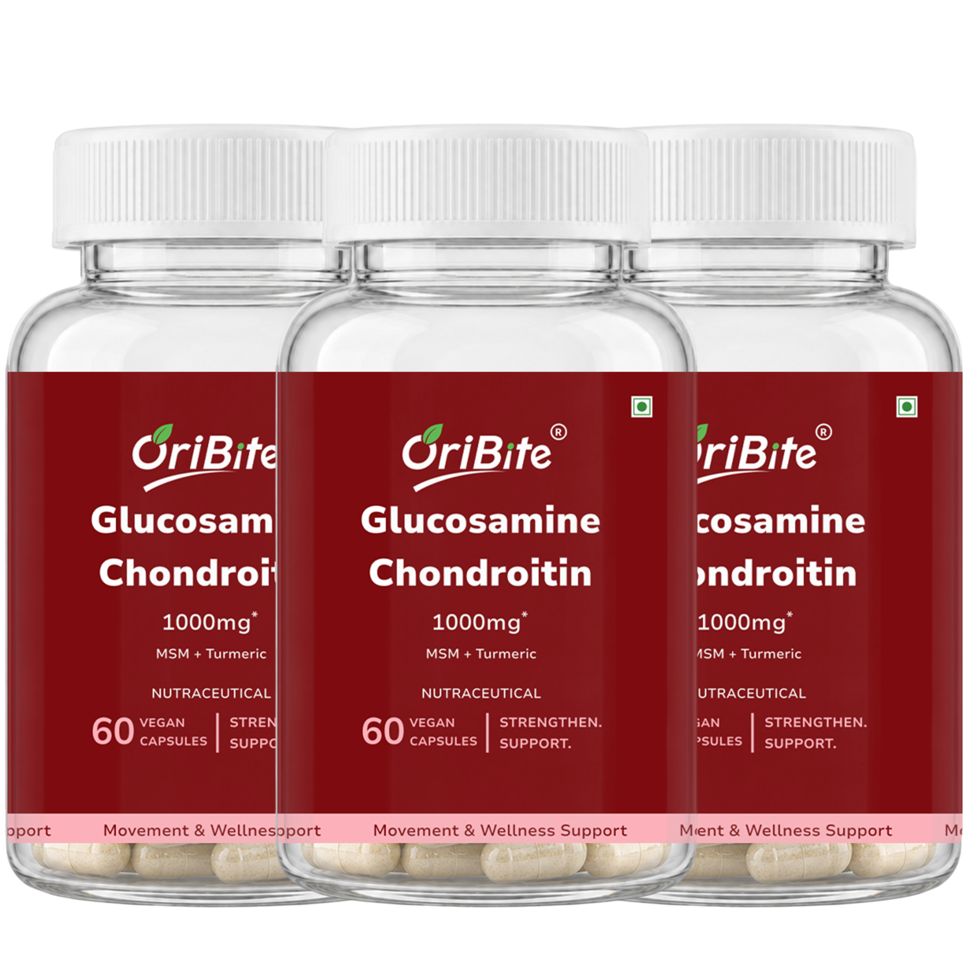 Three clear plastic bottles of OriBite Glucosamine Chondroitin 1000mg dietary supplements with white caps and red labels, arranged in a three-pack display on a white background.