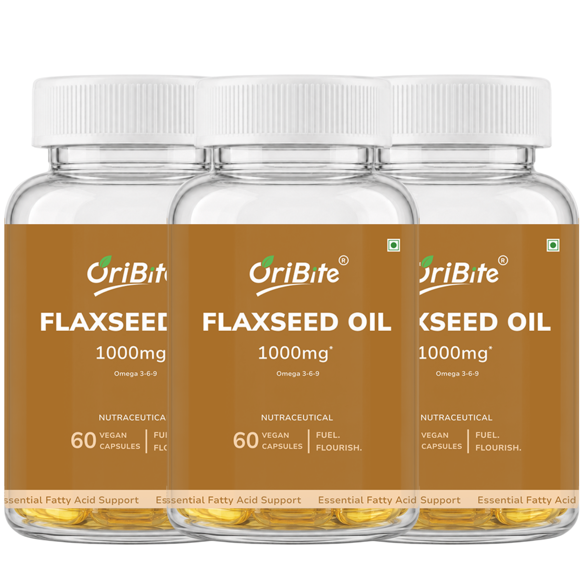 Three clear plastic bottles of OriBite Flaxseed Oil 1000mg with white ribbed caps, arranged in a row against a solid white background.